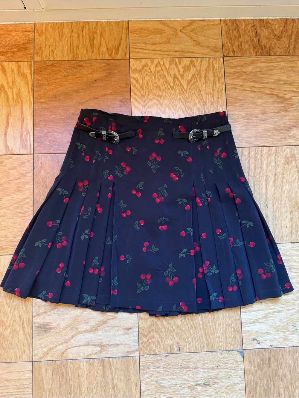 Kooples Black Pleated Mini Skirt with Cherry Pattern Size Small with Belt